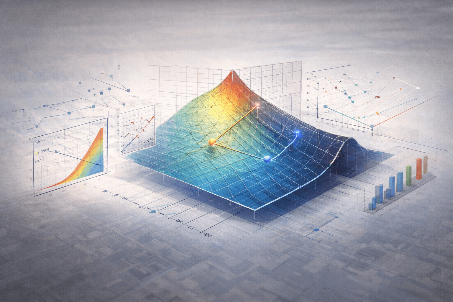 Optimization landscape visualization with candidate paths and sensitivity plots.